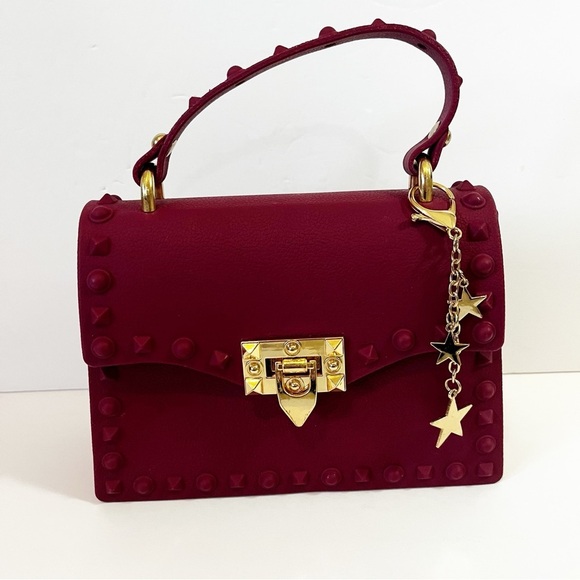 Most Wanted Burgundy Mini Satchel Handbag Soft Jelly Studded Small Moto NO STRAP - Picture 1 of 10